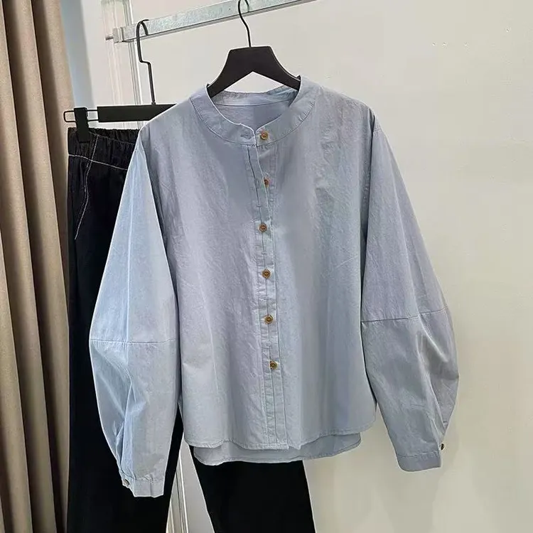 大码高级感圆领衬衫女宽松2025新款韩版休闲灯笼袖叠穿显瘦衬衣女