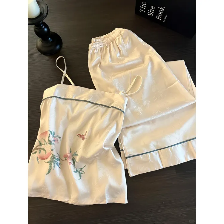 新中式蝴蝶蟠桃印花冰丝睡衣女夏季新款提花吊带长裤两件套家居服