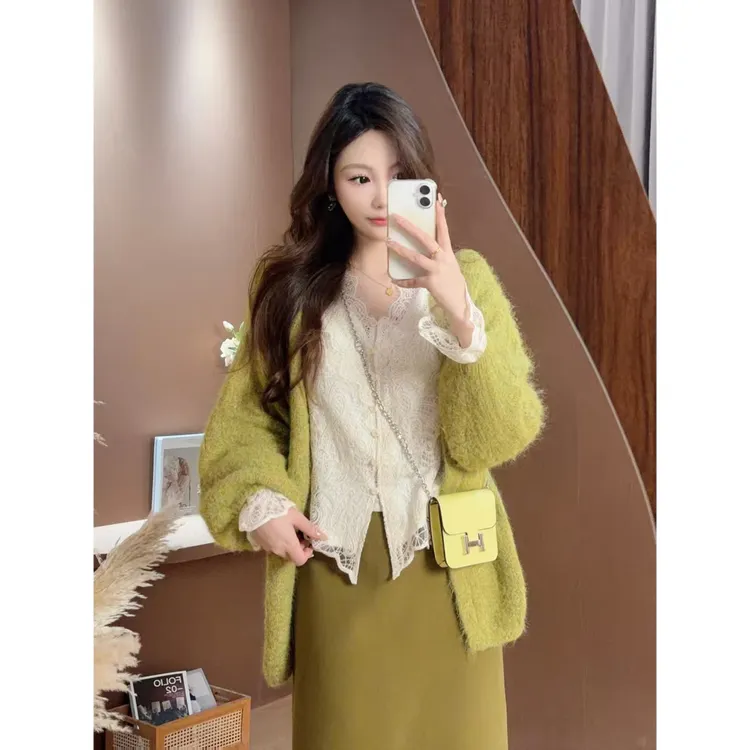 MuMu纯色慵懒感针织开衫WPWGN00138蕾丝拼接内搭 绿色长短裙半裙