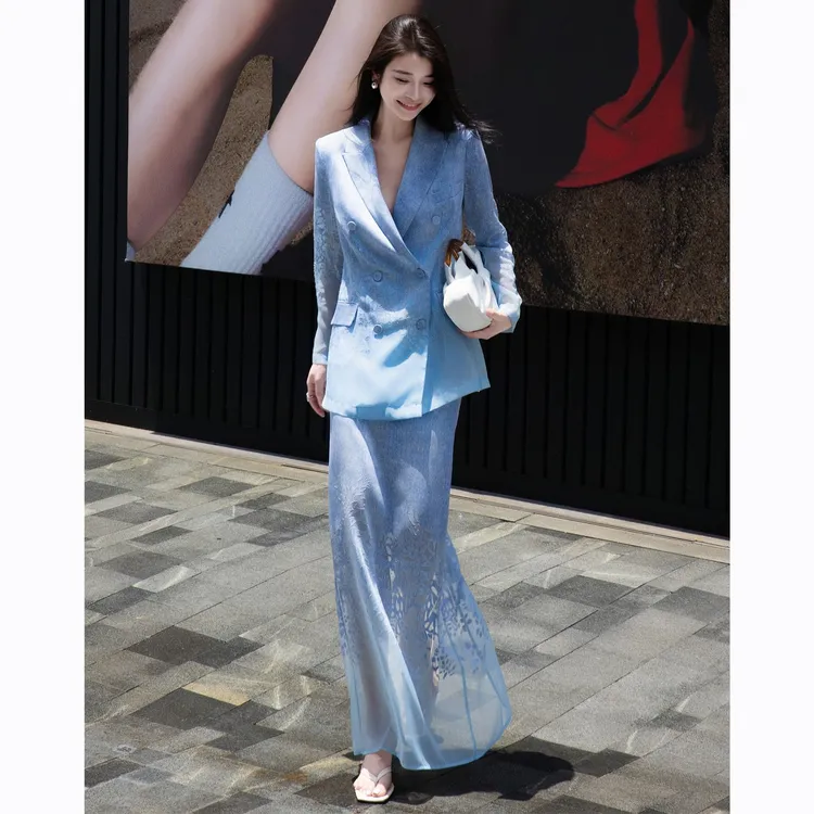 ZEROYK女神气质高定蓝色复古提花宽松西装外套直筒网纱半裙两件套