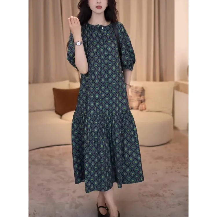复古国风遮肉宽松百搭中长裙夏季新品时尚大气新中式短袖连衣裙潮