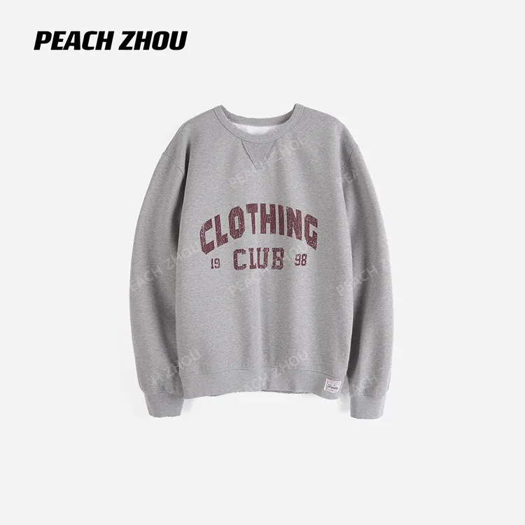 『PEACHZHOU』美式做旧字母印花宽松圆领抓绒卫衣休闲中性学院绒衫