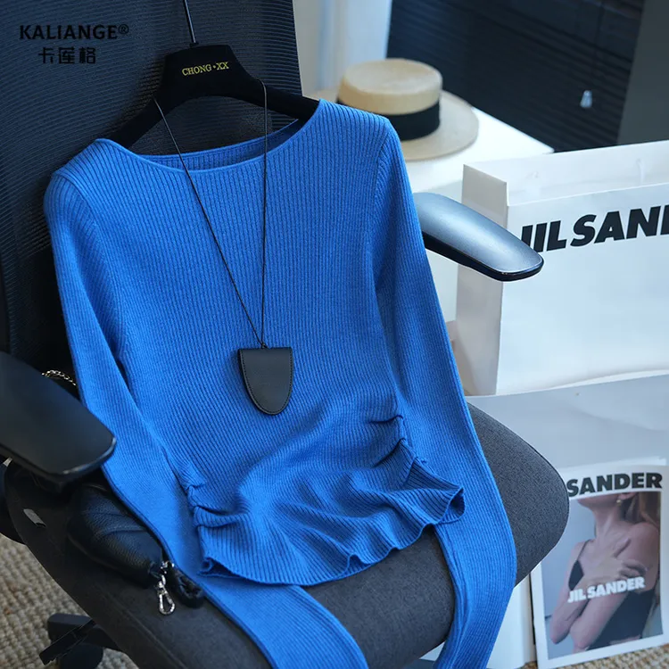 卡莲格/克莱因蓝色长袖针织衫女秋季气质掐腰设计感修身显瘦上衣