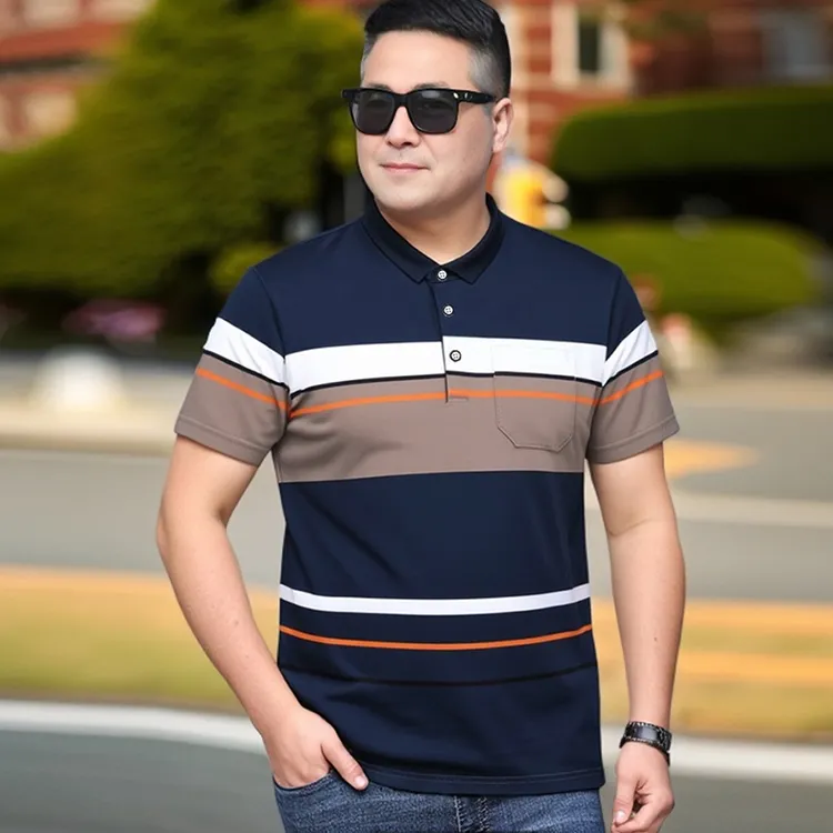 中老年男士夏季新款短袖t恤大码宽松爸爸装休闲条纹POLO衫上衣服