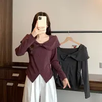 长2025秋装款胖mm大码女蝴蝶结一字肩长袖T恤修身不规则上衣80458