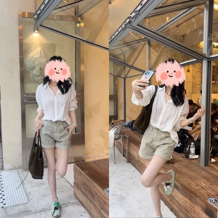 韩系松弛感宽松竖条纹肌理感衬衫搭配牛仔短裤两件套