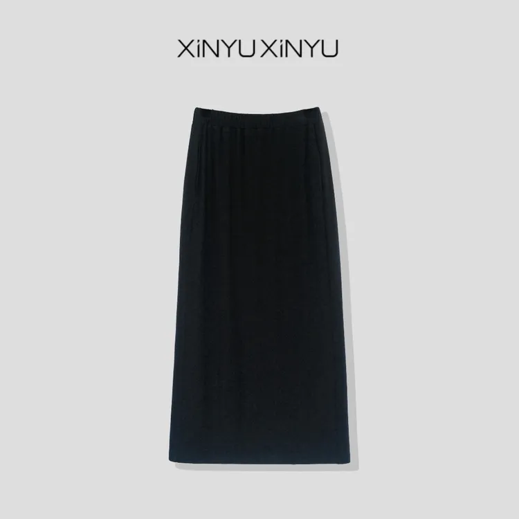 XINYU/芯与『新·黑夜女神3.0』松紧腰后开叉弹力半裙半身裙 337134