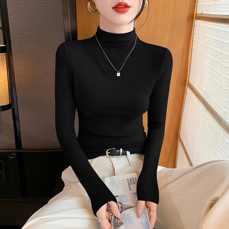 黑色半高领打底衫女内搭2025新款秋冬季长袖螺纹针织修身洋气上衣