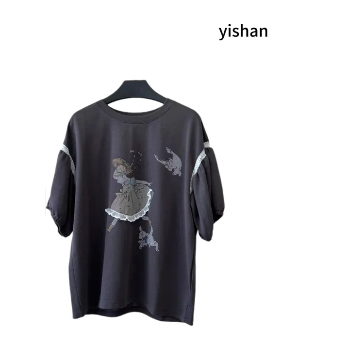美女图花边袖灰色T恤时尚休闲夏季设计师圆领印花宽松女士百搭