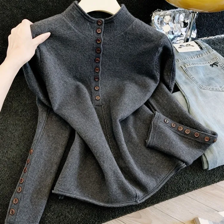 【80-180斤】老钱风半高领针织上衣女秋冬纽扣别致内搭打底衫毛衣女