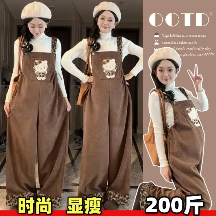 大码孕妇背带裤秋冬新款宽松洋气韩版吊带裤加绒加厚长裤女200斤