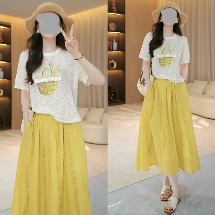 2025夏季新款出游穿搭百搭休闲舒适短袖上衣T修身显瘦长裙套装女