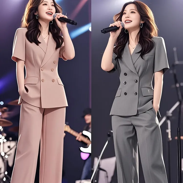 2025夏季新款薄款西装套装女大码胖mm时尚减龄短袖西服直筒裤套装