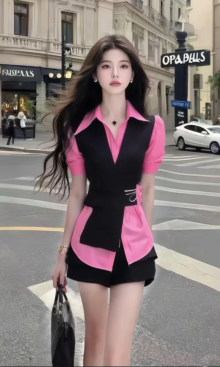 夏季温柔知性风设计感衬衫领修身收腰短袖粉色两件套女气质女装