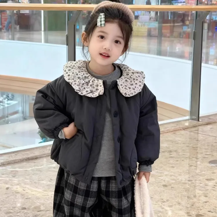 女童棉服冬款中小童宝宝韩版时髦棉袄儿童碎花娃娃领夹棉加厚外套