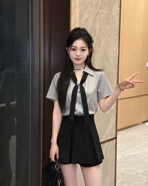 韩版宽松洋气休闲百搭短袖V领配领带灰色衬衫半身裙两件套套装女