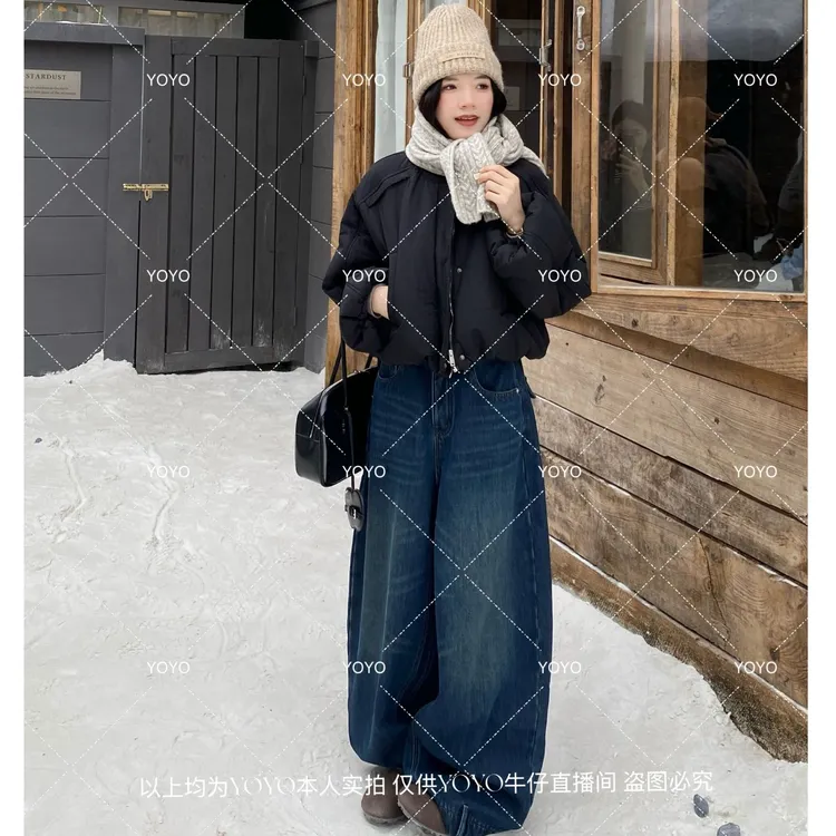 YOYO自制1【波纹猫须】加绒加厚冬款设计感复古水洗牛仔阔腿拖地裤