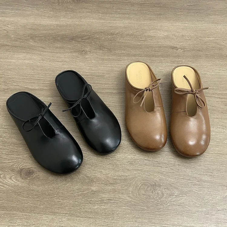 Dannyfrey复古休闲头层牛皮森女软底通勤一脚蹬包头勃肯风半拖鞋