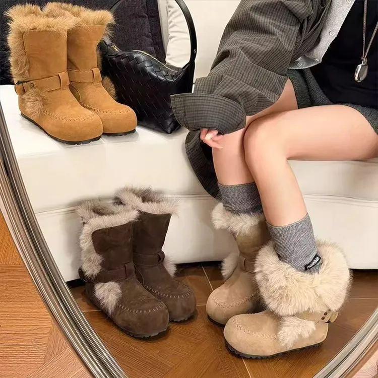 毛绒厚底雪地靴女款2025冬季新款保暖加绒加厚棉鞋短靴翻边毛毛靴