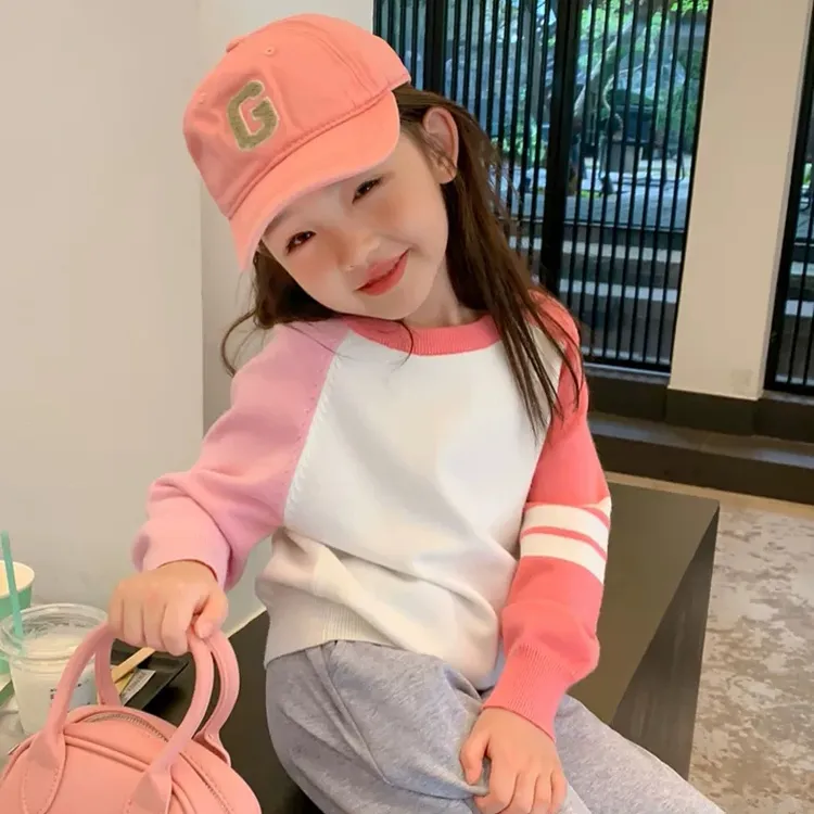 女童针织衫秋冬季新款打底衫韩版撞色拼接儿童毛衣洋气百搭毛线衣