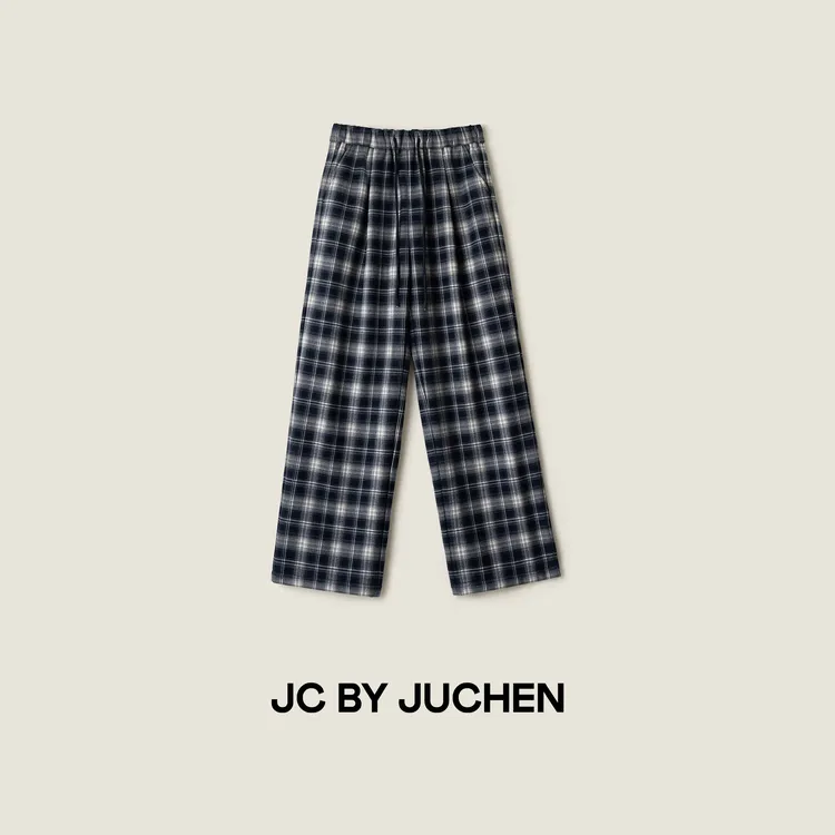 英伦风牛津蓝白格舒适加绒色织格纹磨毛直筒保暖休闲裤FW105476