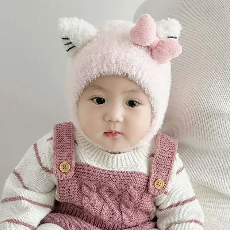 婴幼儿帽子秋冬季保暖加厚针织护耳毛绒帽女宝宝小月龄防风毛线帽