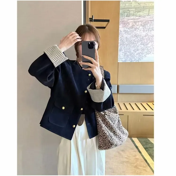 【小巧定制】XQ2693秋冬新款韩系气质百搭显瘦格子拼接外套大码女装