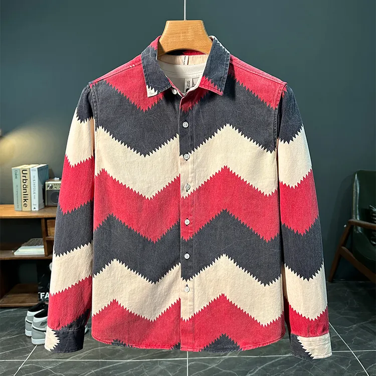 2025春秋潮流清新印花长袖衬衫男士新款时尚百搭文艺休闲宽松衬衣