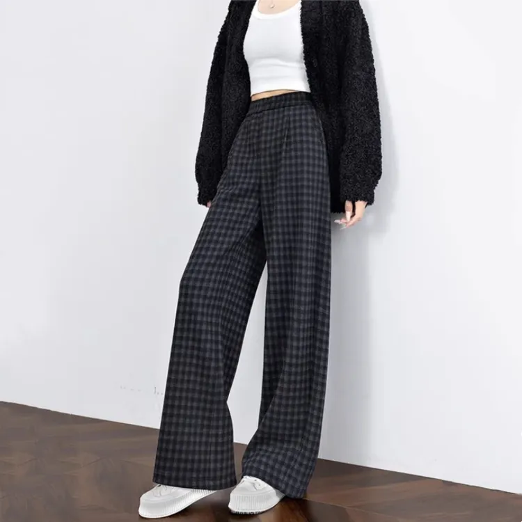 黑灰色格子阔腿裤女秋冬新款高腰百搭慵懒加绒保暖宽松直筒休闲裤