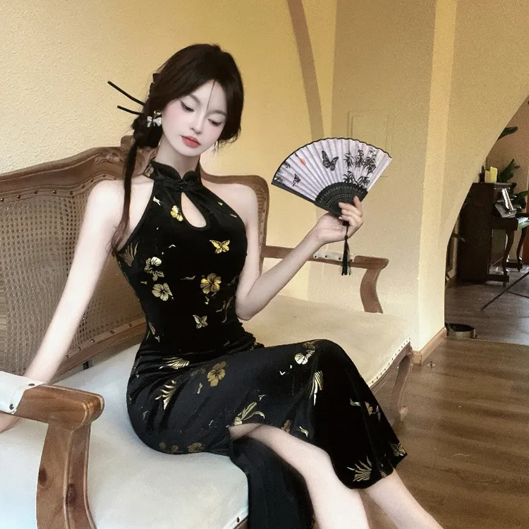 轻奢高级女人味新中式烫金丝绒改良旗袍修身包臀优雅连衣裙潮牌款