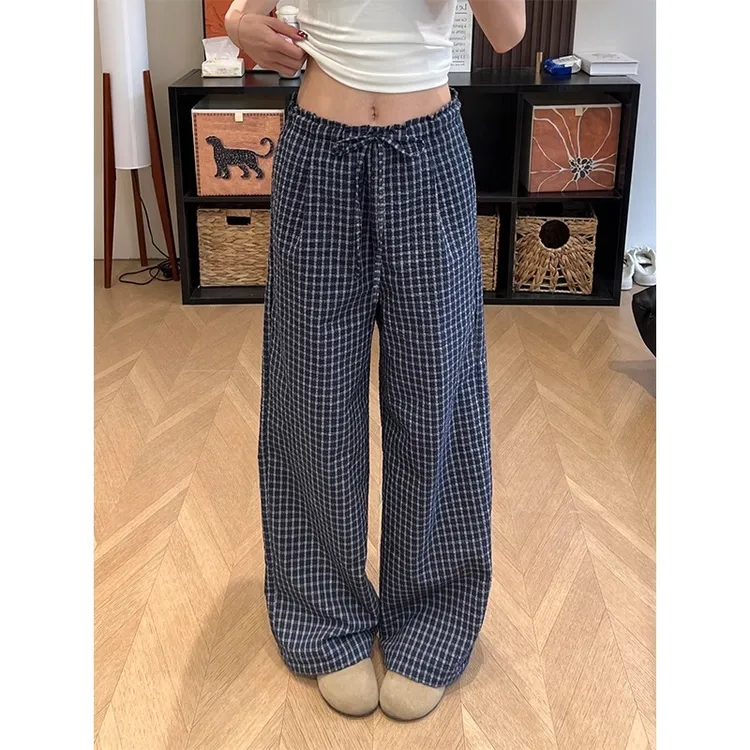 藏青色格子裤女夏高腰木耳边垂坠感遛弯裤宽松显瘦直筒休闲阔腿裤