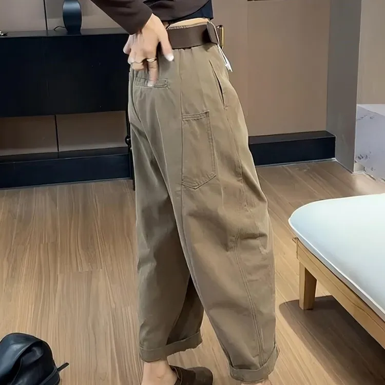 2025韩版秋装新款复古卡其色弯刀牛仔裤女宽松显瘦高腰阔腿老爹裤