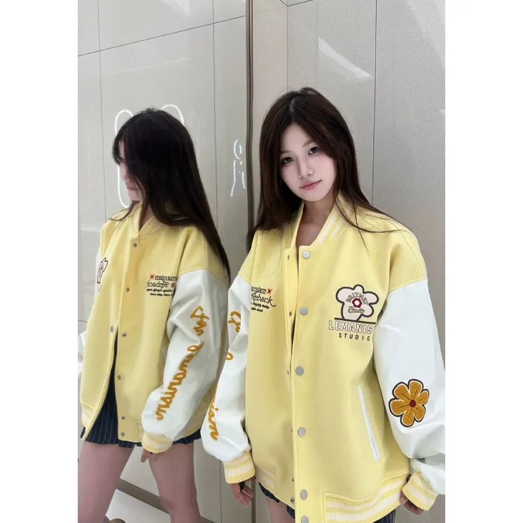 奶呼呼拼接刺绣棒球服外套春秋季美式复古慵懒风小个子夹克上衣潮