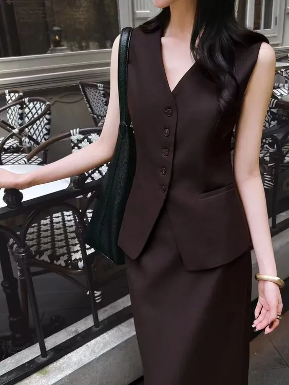 莱赛尔修身马甲后开衩直筒半裙修身立体剪裁版型时尚气质显瘦