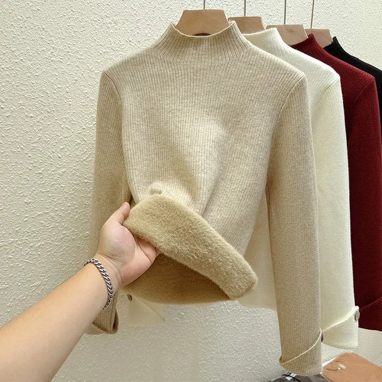 纯色半高领加绒加厚打底衫一体绒毛衣女内搭秋冬新款保暖针织上衣