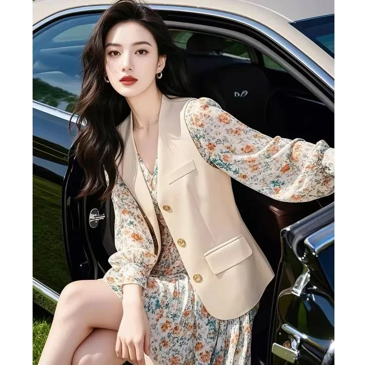 【KEKE】2025春季穿搭一整套法式小香风米色西装马甲碎花连衣裙套装