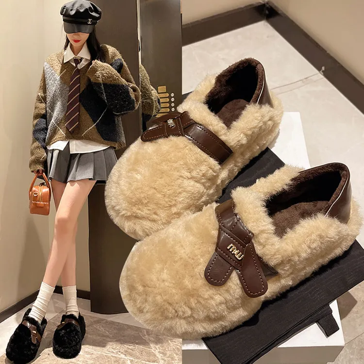 厚底毛毛鞋女外穿2025秋冬新款百搭一脚蹬豆豆鞋加绒乐福鞋棉鞋子