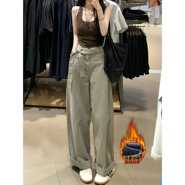 灰绿色飘带加绒休闲阔腿牛仔裤女2025冬季新款高腰显瘦垂感拖地裤