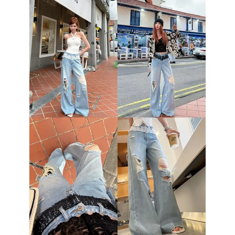 婉君【蕾丝腰边牛仔】春夏新款高街破洞休闲显瘦牛仔裤LWJ25A1K547