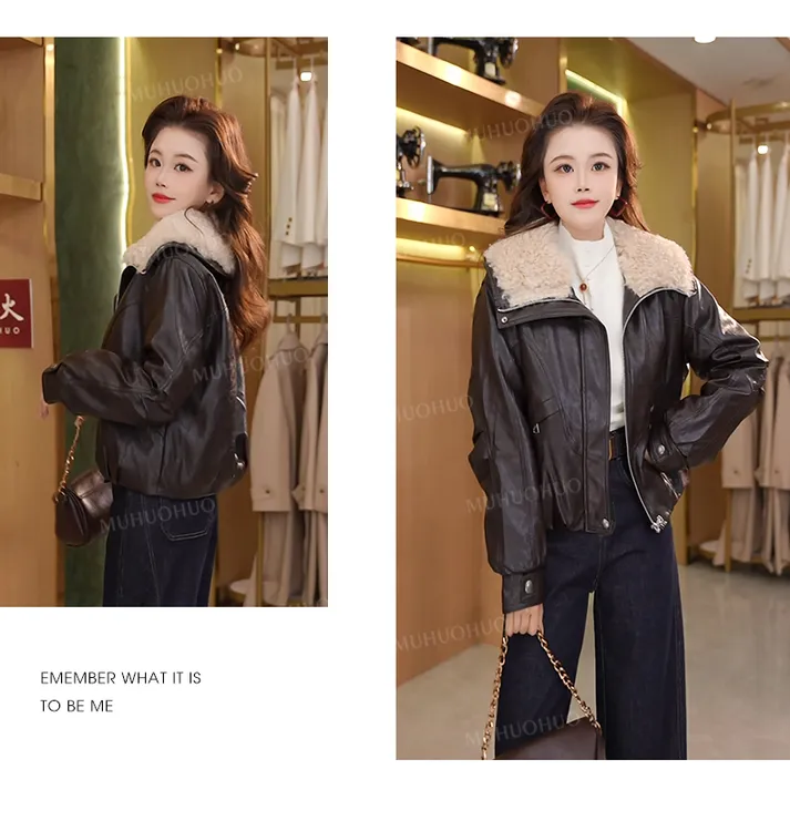 睦火火毛绒大翻领加绒保暖皮衣外套女2025秋冬新款宽松显瘦上衣