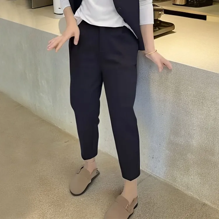 黑色高腰显瘦宽松萝卜休闲裤女夏薄款小个子松紧腰百搭哈伦西装裤