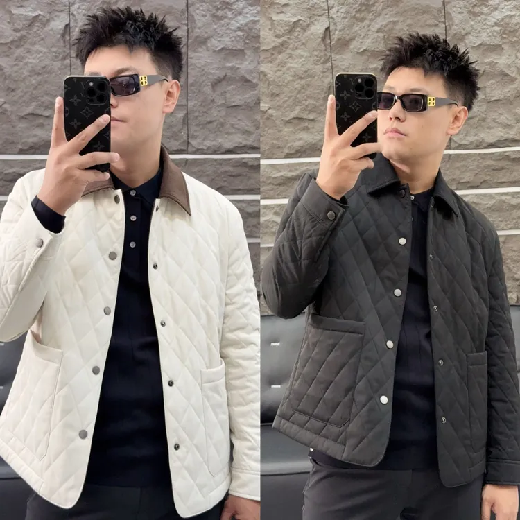 散口袖常规款翻领简欧风秋季夹克百搭休闲外套秋冬菱形潮流菱格