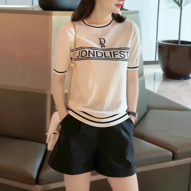 官图 夏季新款拼色字母冰丝针织衫女韩系chic潮流高级感短袖T恤衫