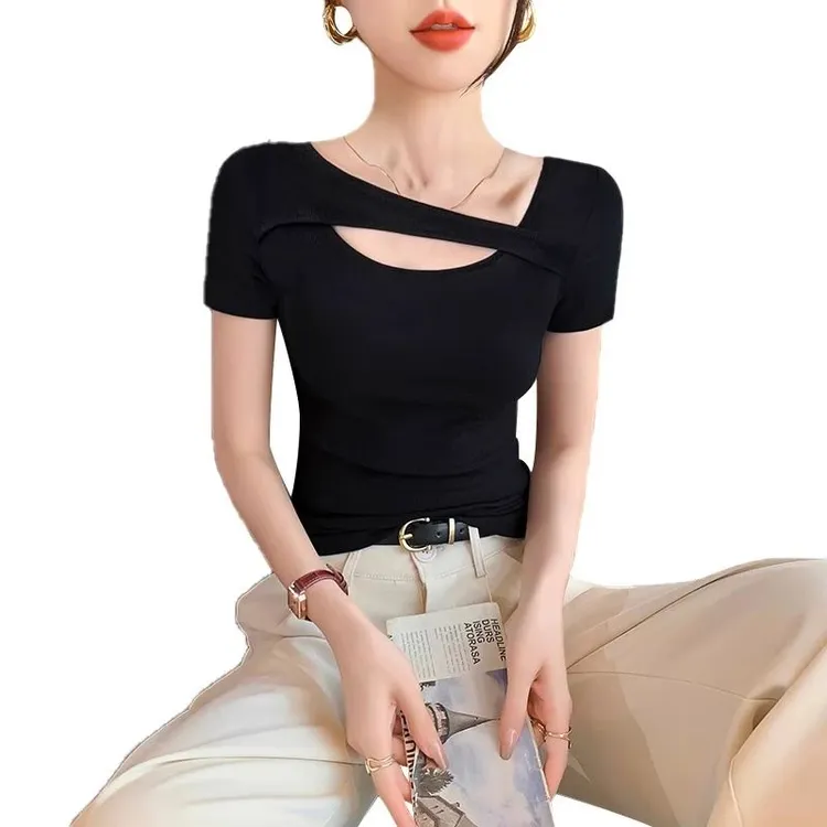 收腰正肩上衣低领不规则黑色镂空短袖t恤女新款春夏季外穿修身