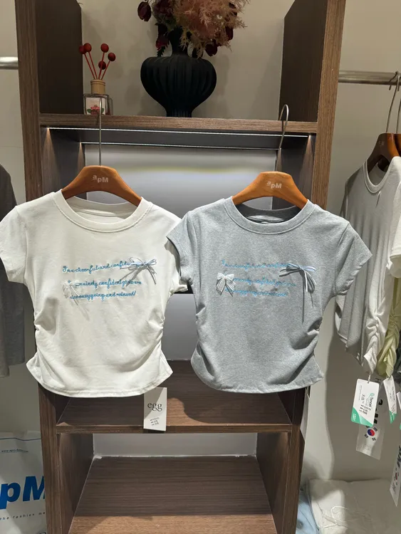 韩国egg 印花蝴蝶夏款蝴蝶结套装圆领卡通短袖T恤字母