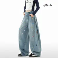 美式彩色纽扣牛仔裤男女秋季潮牌设计感弯刀裤子高街宽松阔腿长裤
