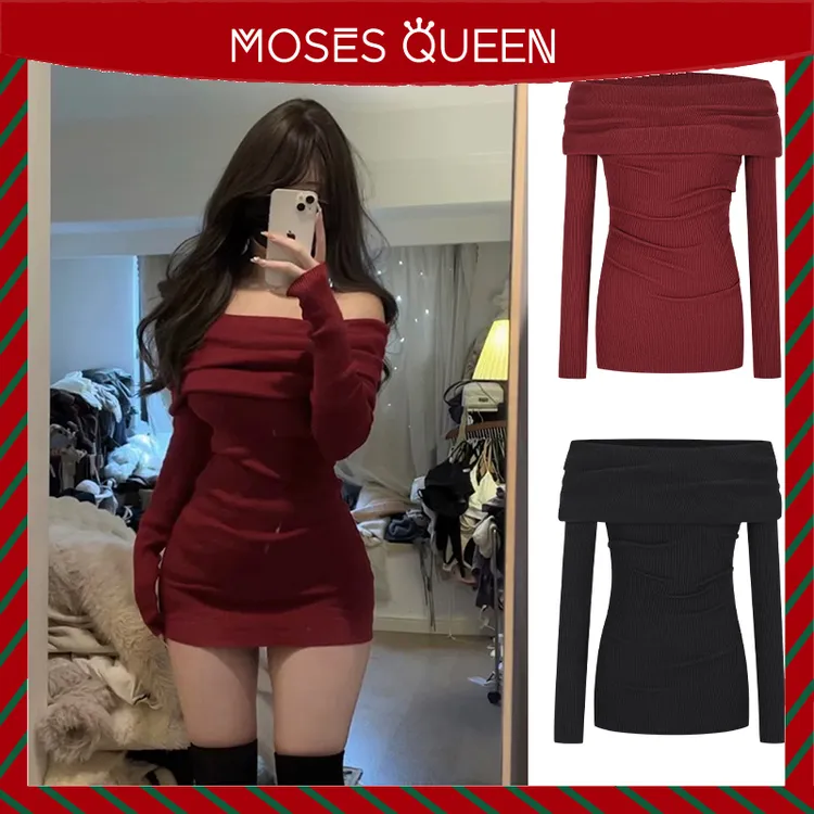 Moses Queen/魔西女王红色一字肩针织连衣裙女高级感修身包臀短裙