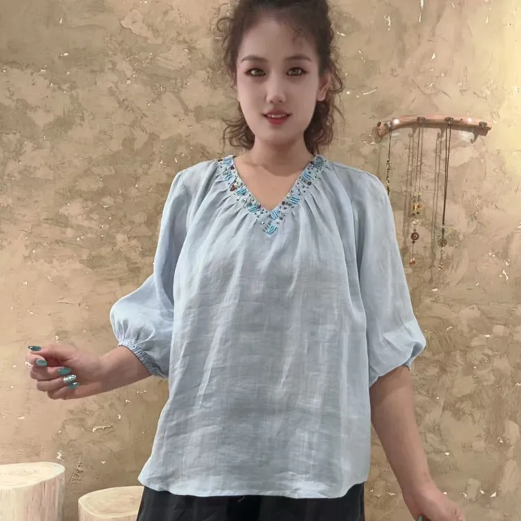 627棉麻手工串珠V领时尚减龄小衫
