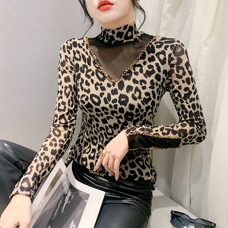春秋新款9869薄款窜珠时尚洋气打底长袖品质女装豹纹网红气质显瘦