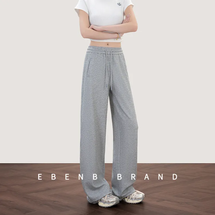 ebenb灰色运动裤女款秋季抽绳卫裤女2025新款高腰宽松阔腿休闲裤